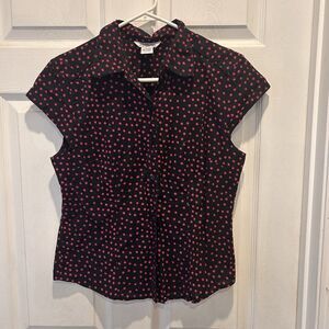 Vintage Tramp Polka Dotted Short Sleeve Top‎ Collar Sz Large Cotton Black Pink